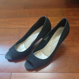 K&M  Women's Black Glitter Peep-Toe Heels, Size 7.5B - Formal Evening Shoes